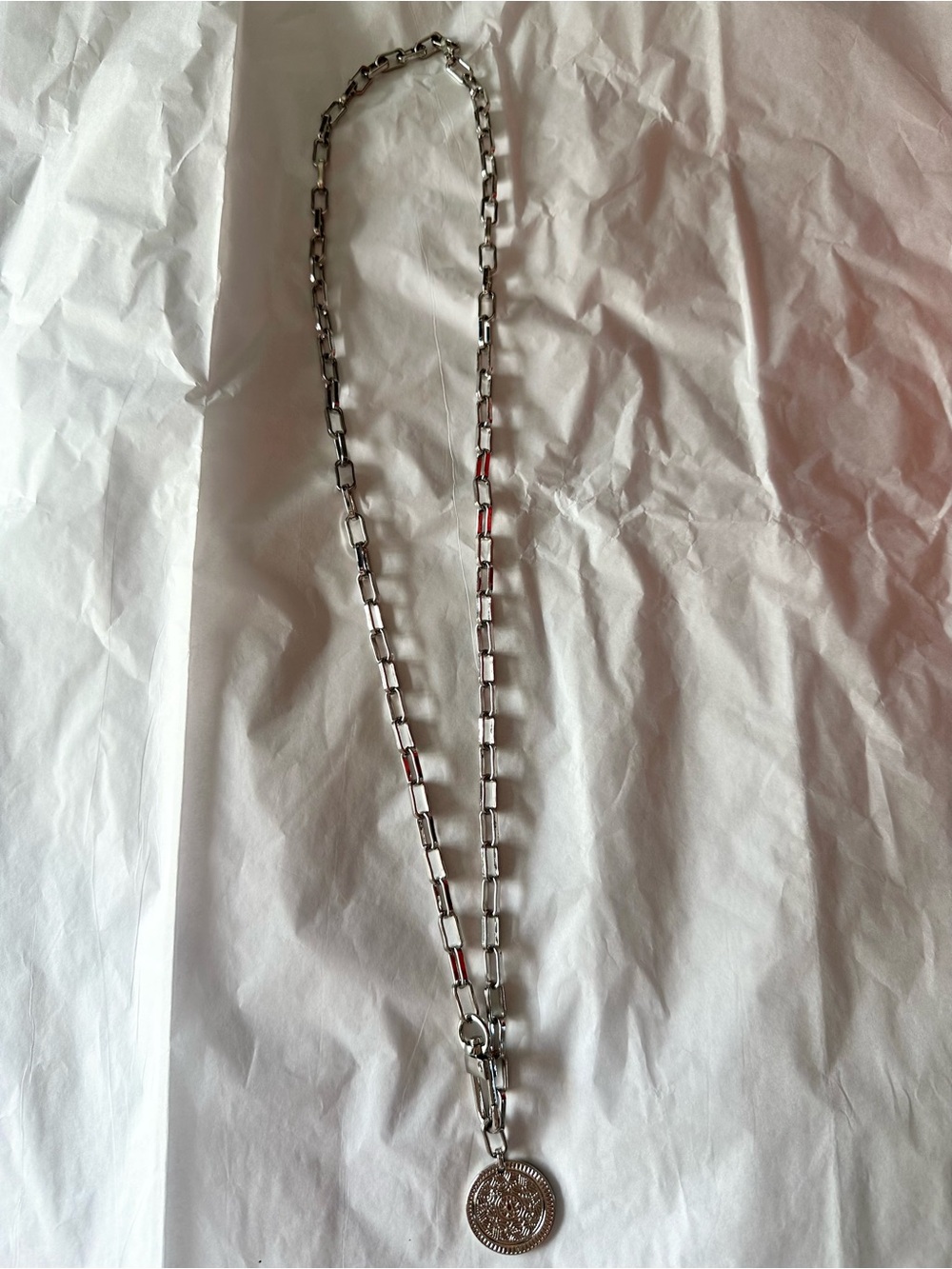 Silver Long Chain Necklace with Round Coin Pendant - Women Jewelry